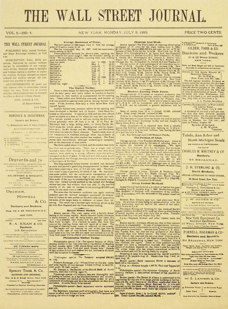 Pierwsze wydanie gazety The Wall Street Journal z 8 lipca 1889 r.