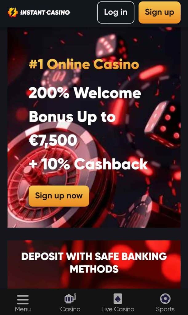 Instant Casino widok strony głównej na urządzeniu mobilnym